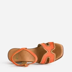 Sandale compensée orange cuir velours tressé doré