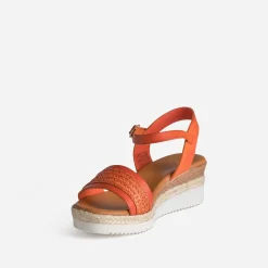 Sandale compensée orange cuir et tressage