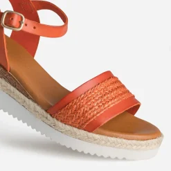 Sandale compensée orange cuir et tressage