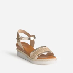 Sandale compensée orange cuir et tressage