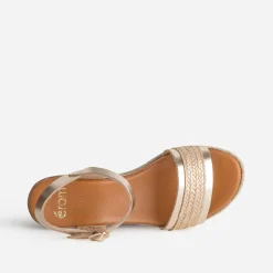 Sandale compensée orange cuir et tressage