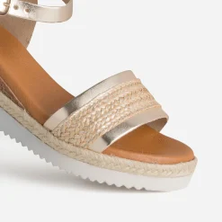 Sandale compensée orange cuir et tressage