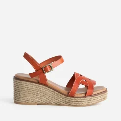 Sandale compensée orange foncé cuir