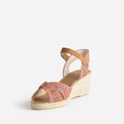 Sandale compensée prune, corail, écru en toile tressée