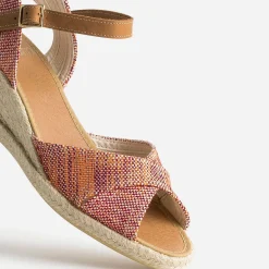 Sandale compensée prune, corail, écru en toile tressée