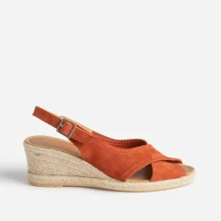 Sandale compensée terracotta en cuir velours
