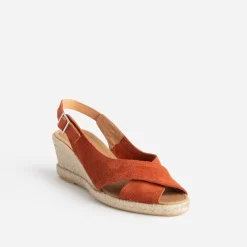 Sandale compensée terracotta en cuir velours