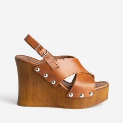 Sandale compensée TEXTO cognac cuir