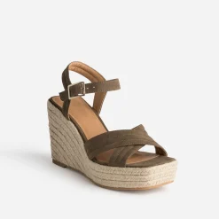 Sandale compensée TEXTO kaki suédée