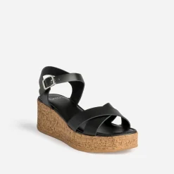 Sandale compensée TEXTO noire cuir