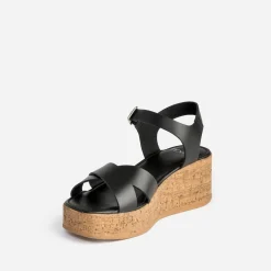 Sandale compensée TEXTO noire cuir