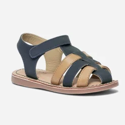Sandale marine et camel en cuir à scratch