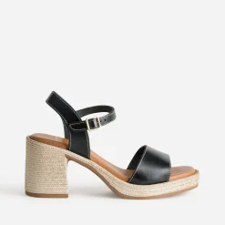 Sandale noire cuir talon effet corde