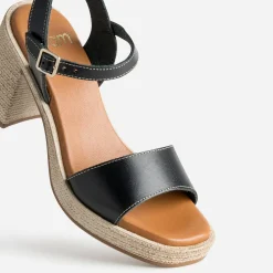 Sandale noire cuir talon effet corde