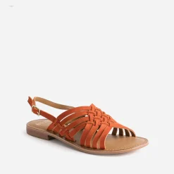 Sandale orange en cuir velours tressé