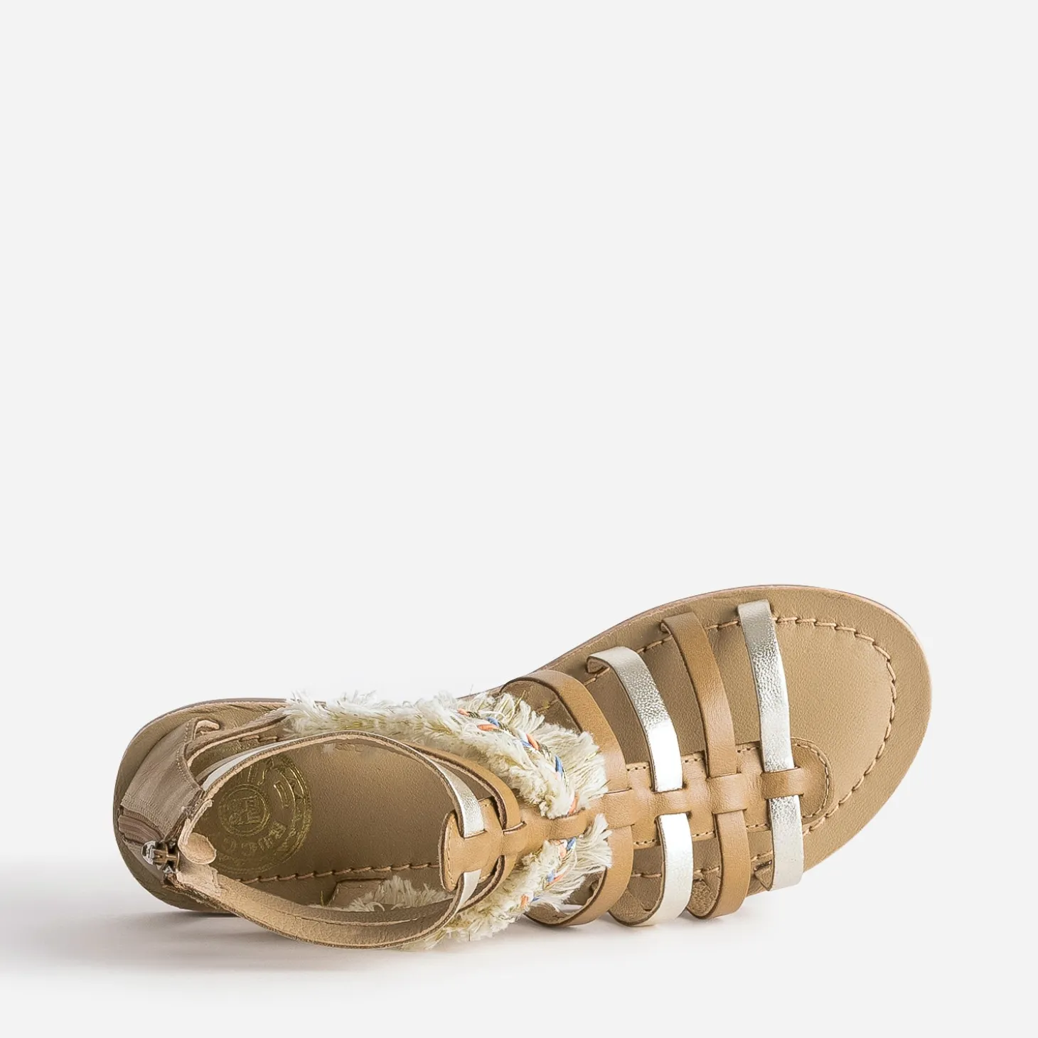 Sandale spartiate camel et doré en cuir avec galon frangé