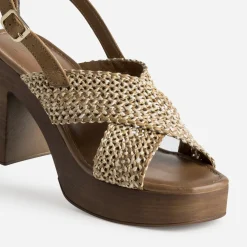 Sandale TEXTO beige tressée plateforme effet bois