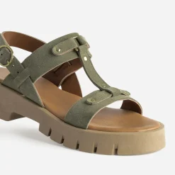 Sandale TEXTO kaki cuir velours semelle crantée