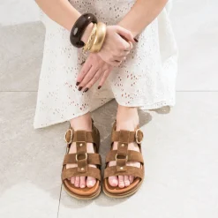 Sandale TEXTO marron cuir velours multi brides