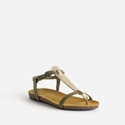 Sandale-tong anatomique kaki et doré en cuir