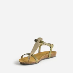 Sandale-tong anatomique kaki et doré en cuir