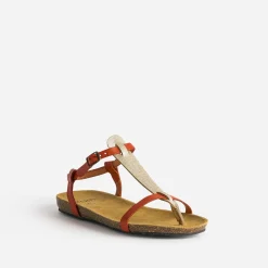 Sandale-tong anatomique rouge et doré en cuir