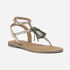 Sandale-tong dorée en cuir tressé avec pampilles