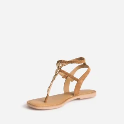 Sandale-tong TEXTO marron en cuir velours à coquillages