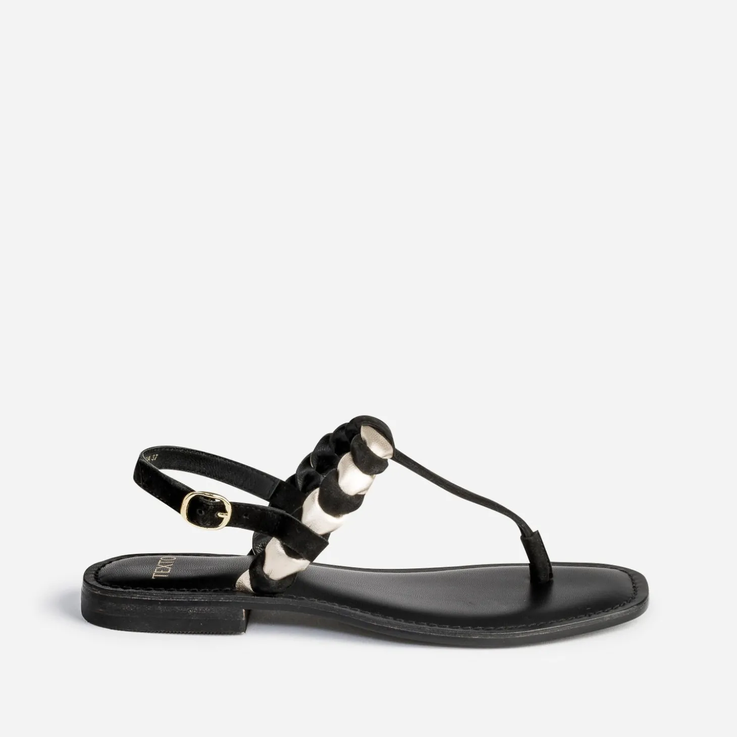 Sandale-tong TEXTO noir en cuir velours tressé or