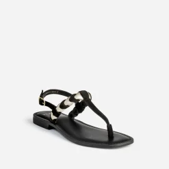 Sandale-tong TEXTO noir en cuir velours tressé or
