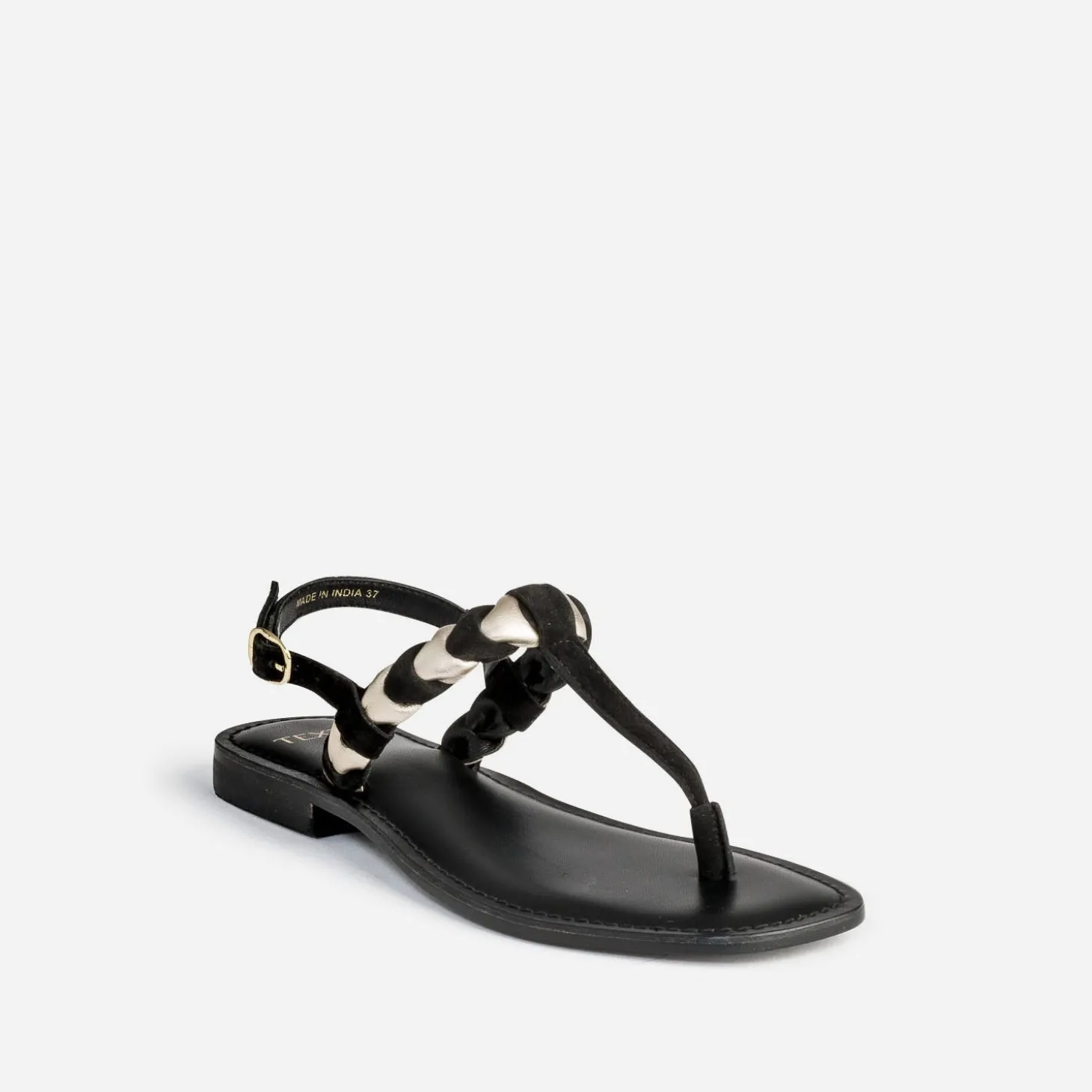 Sandale-tong TEXTO noir en cuir velours tressé or
