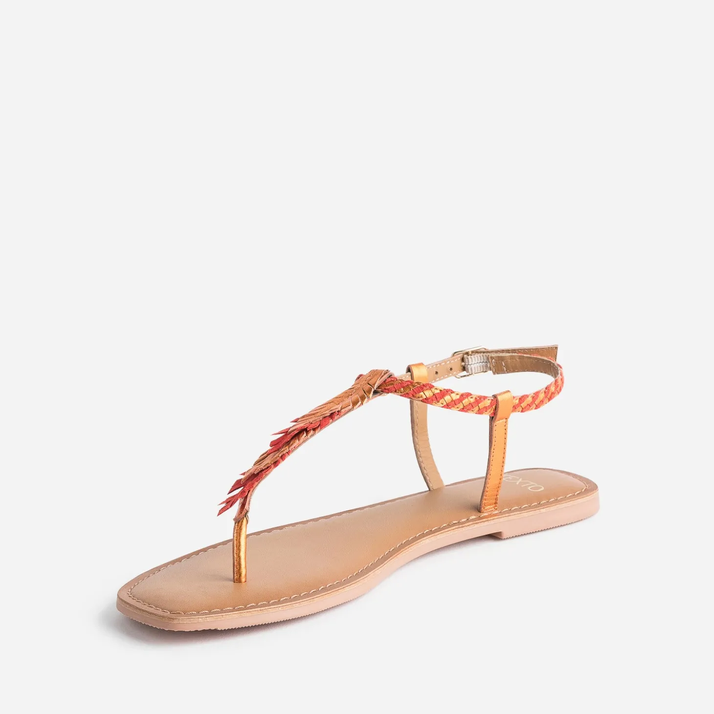 Sandale-tong TEXTO orange en cuir à plumes