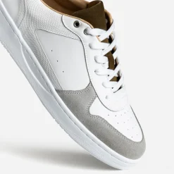 Tennis blanche, grise, kaki cuir bi-matière