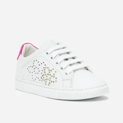 Tennis BUGGY blanche en cuir à contrefort rose fluo verni