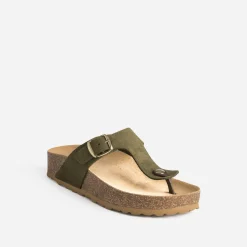 Tong anatomique kaki en cuir velours à plateforme