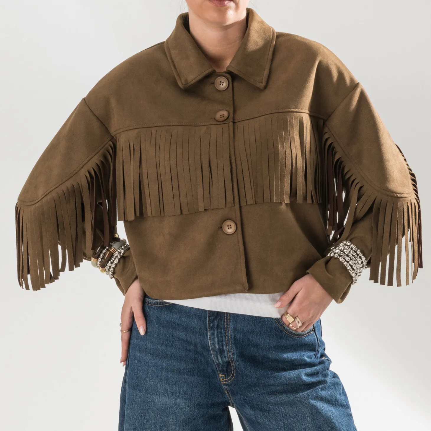 Veste TEXTO marron effet suédé à franges