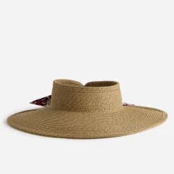 Visière TEXTO beige en paille avec ruban imprimé prune